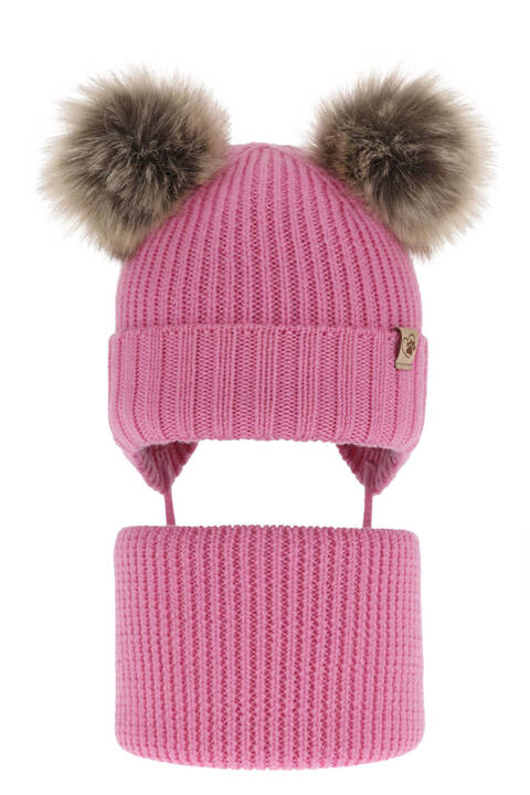 Girl's winter set: hat and tube scarf pink made of 100% extra fine merino wool Silvia