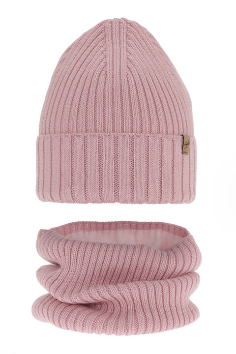 Girl's winter set: hat and tube scarf pink merino wool Mesalia