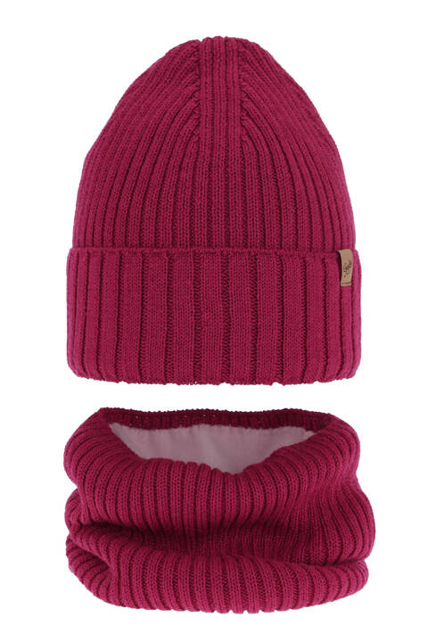 Girl's winter set: hat and tube scarf pink merino wool Mesalia