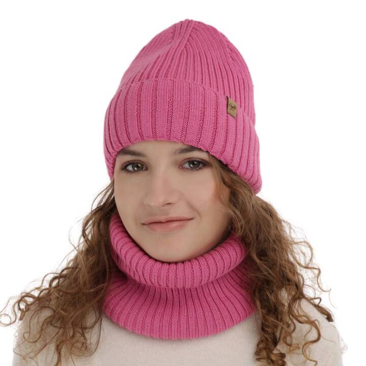 Girl's winter set: hat and tube scarf pink merino wool Mesalia