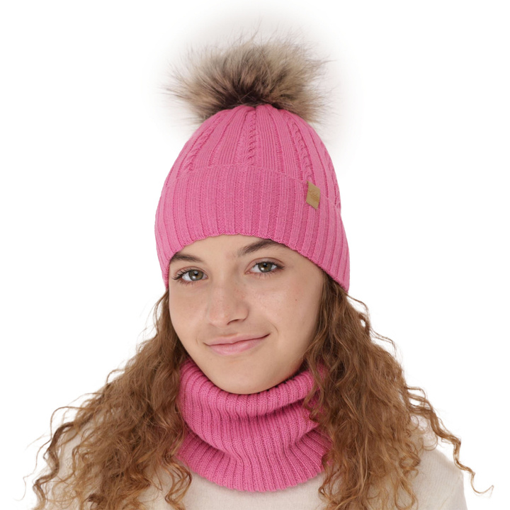 Girl's winter set: hat and tube scarf pink merino wool Mirabel