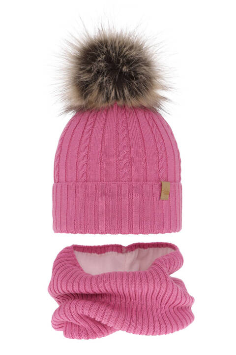 Girl's winter set: hat and tube scarf pink merino wool Mirabel