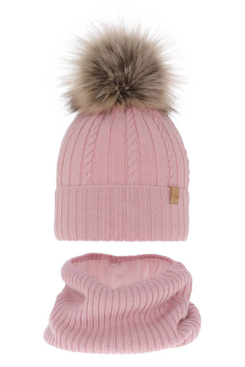 Girl's winter set: hat and tube scarf pink merino wool Mirabel