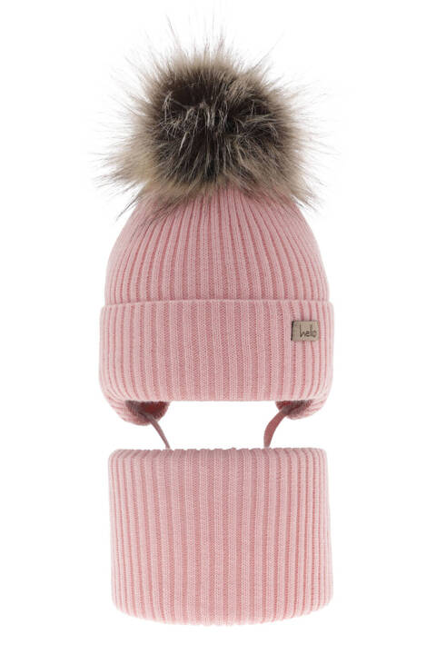 Girl's winter set: hat and tube scarf pink with pompom Bria