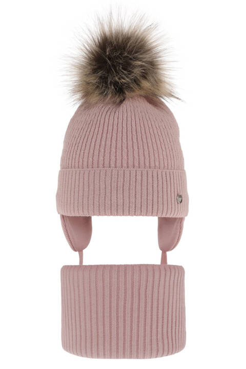 Girl's winter set: hat and tube scarf pink with pompom Debra