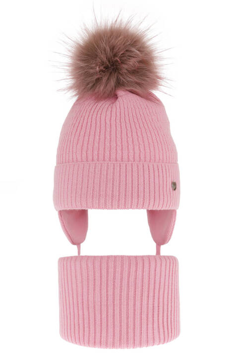 Girl's winter set: hat and tube scarf pink with pompom Debra