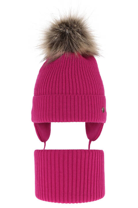 Girl's winter set: hat and tube scarf pink with pompom Debra