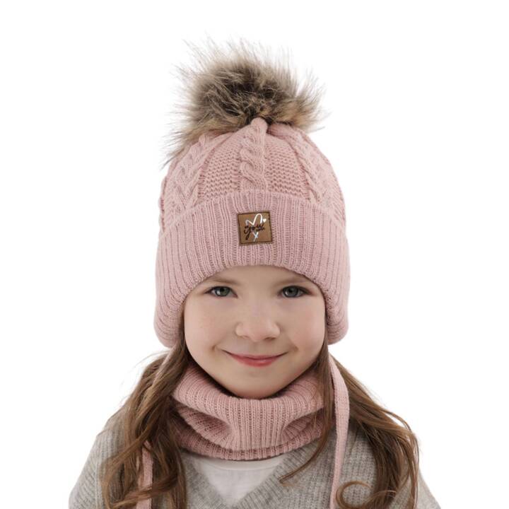 Girl's winter set: hat and tube scarf pink with pompom Finess