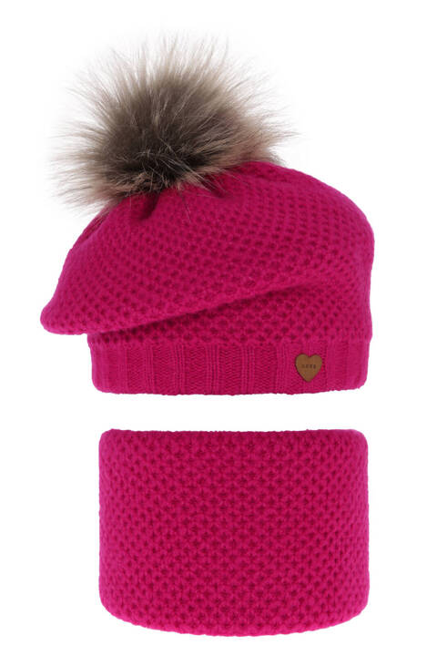 Girl's winter set: hat and tube scarf pink with pompom Francesca