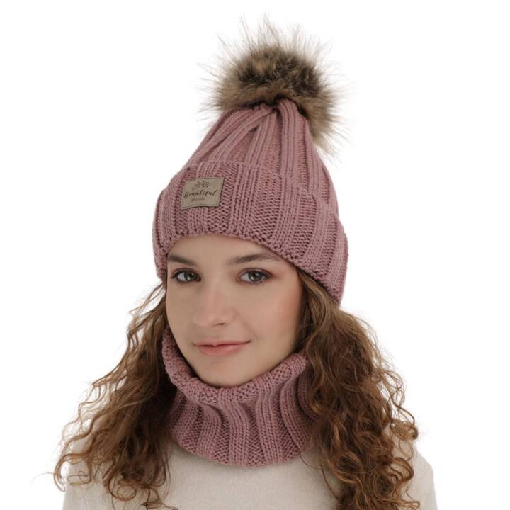 Girl's winter set: hat and tube scarf pink with pompom Kalope