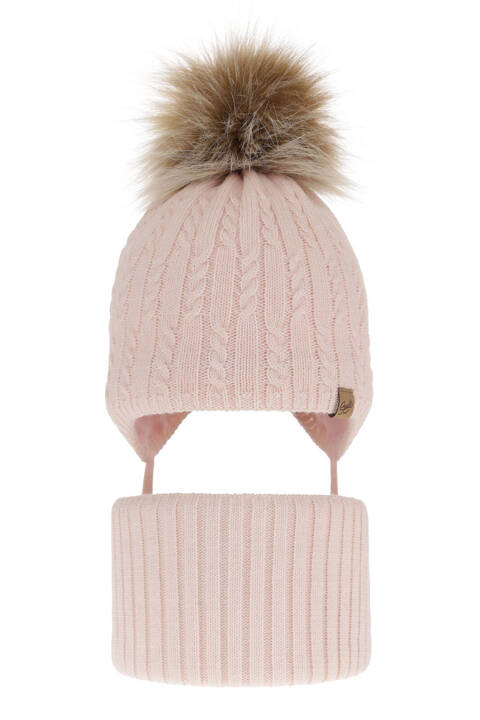 Girl's winter set: hat and tube scarf pink with pompom Loreley