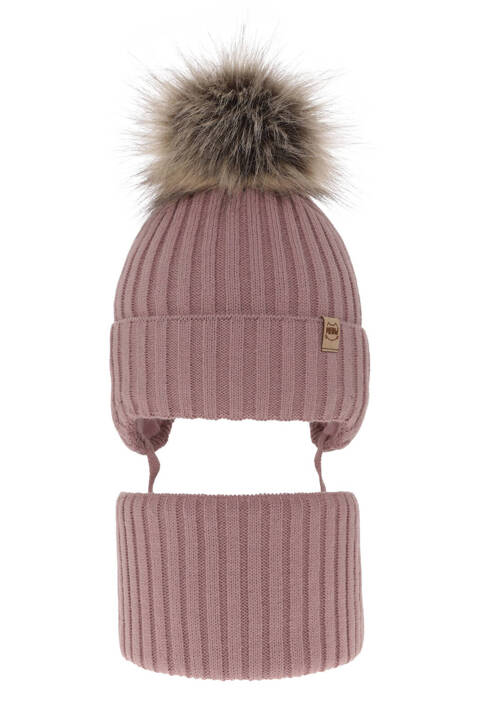 Girl's winter set: hat and tube scarf pink with pompom Louisa