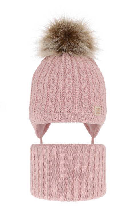 Girl's winter set: hat and tube scarf pink with pompom Passa