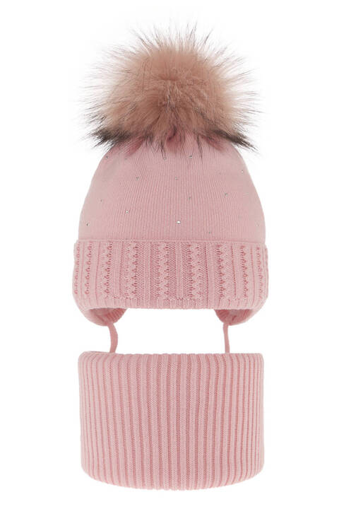 Girl's winter set: hat and tube scarf pink with pompom Renia