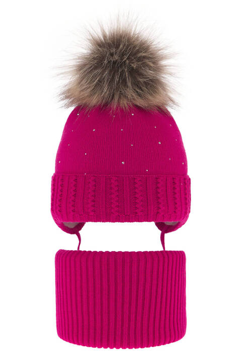 Girl's winter set: hat and tube scarf pink with pompom Renia