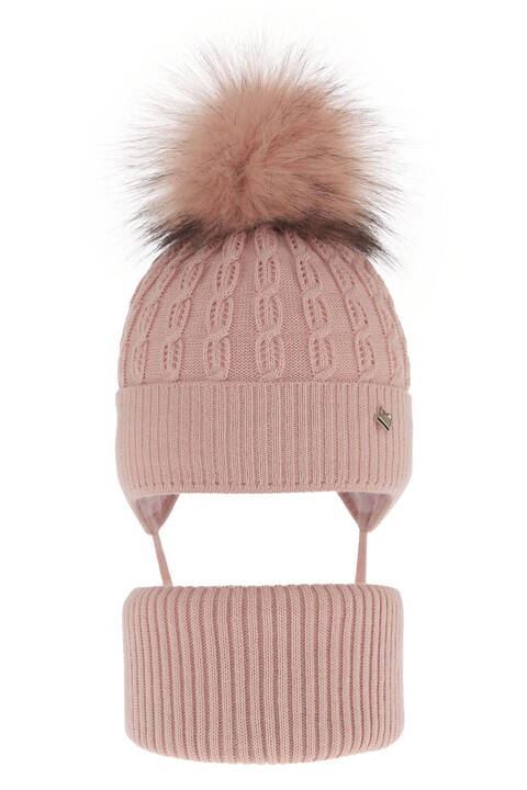 Girl's winter set: hat and tube scarf pink with pompom Tukana 