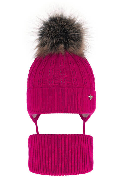 Girl's winter set: hat and tube scarf pink with pompom Tukana 