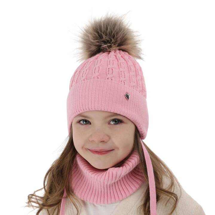 Girl's winter set: hat and tube scarf pink with pompom Tukana 