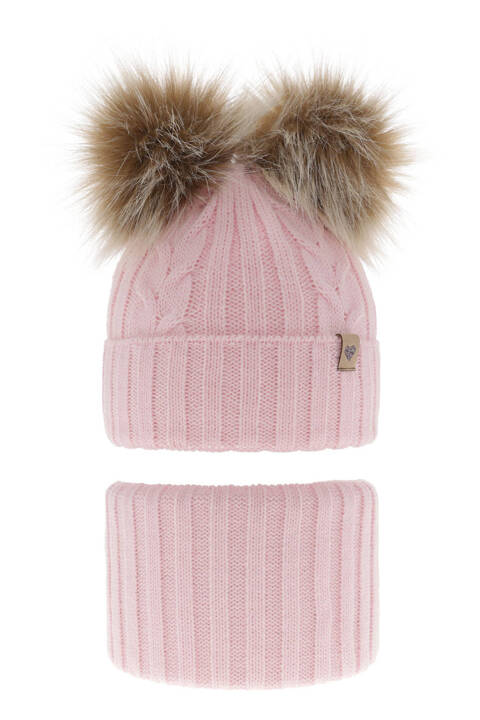 Girl's winter set: hat and tube scarf pink with two pompoms Amala