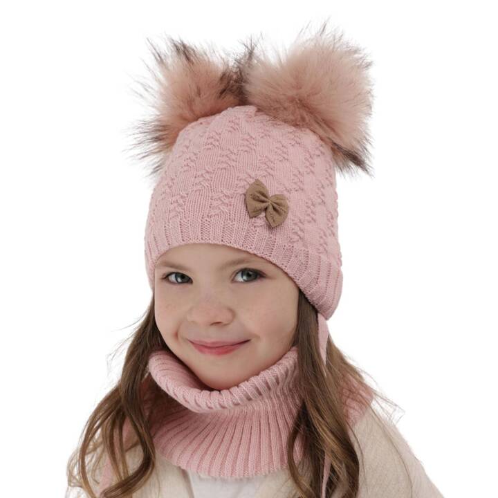 Girl's winter set: hat and tube scarf pink with two pompoms Bettina