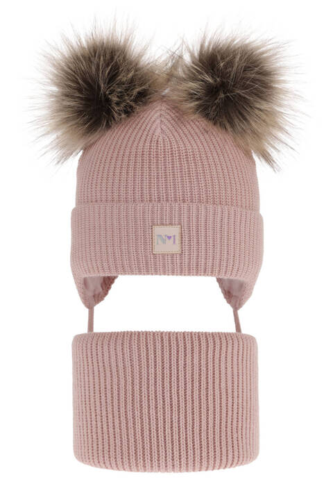 Girl's winter set: hat and tube scarf pink with two pompoms Kiara