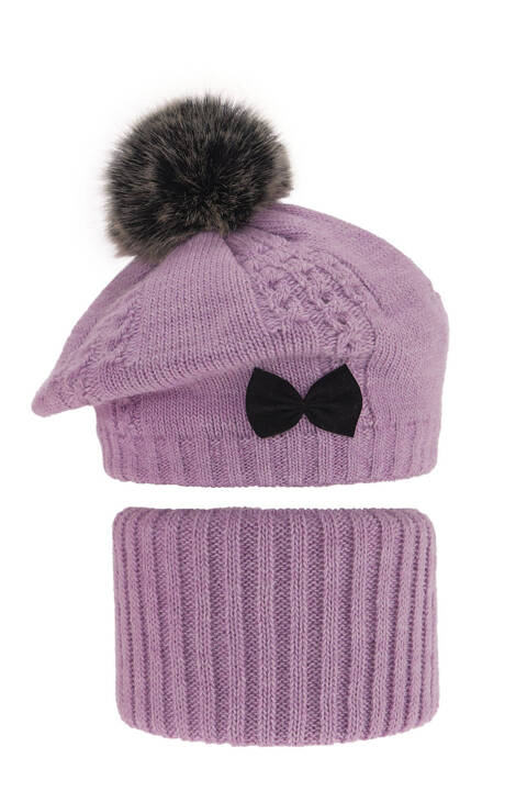 Girl's winter set: hat and tube scarf violet Amora with pompom