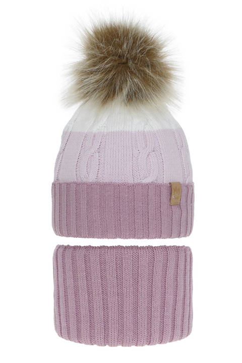 Girl's winter set: hat and tube scarf violet Karmelita with pompom