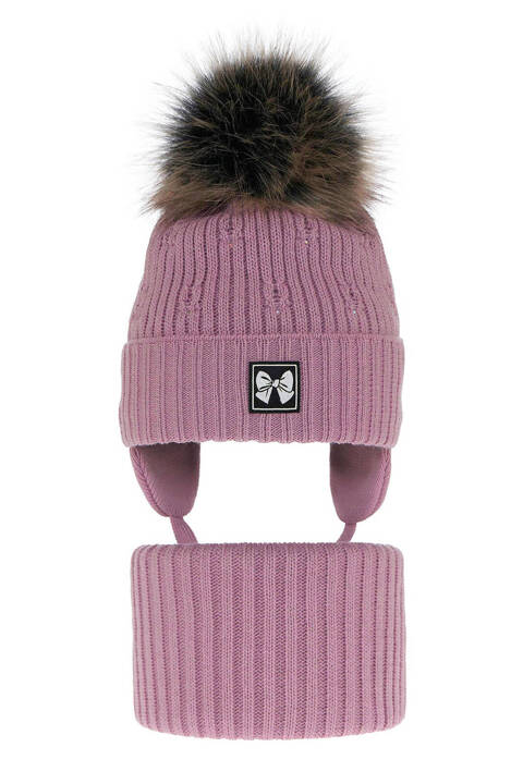 Girl's winter set: hat and tube scarf violet Kinia with pompom