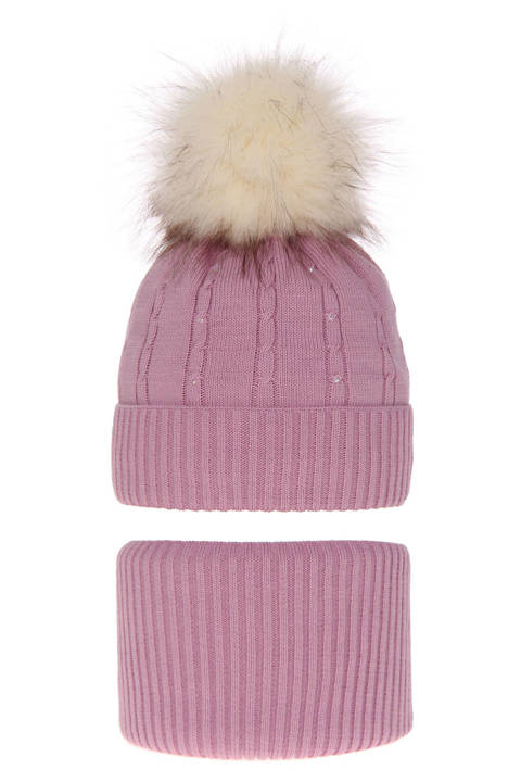 Girl's winter set: hat and tube scarf violet Lawa with pompom