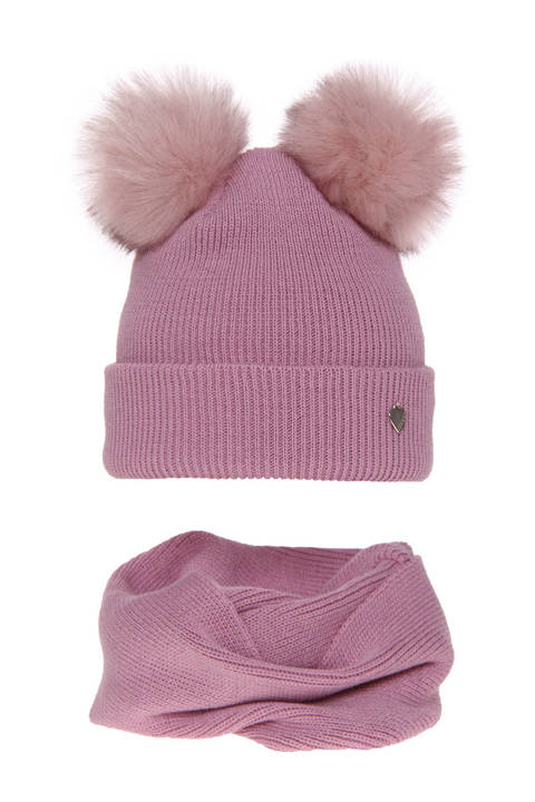 Girl's winter set: hat and tube scarf violet Milagros with two pompom