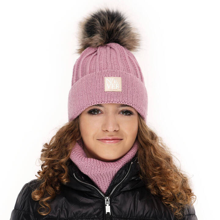 Girl's winter set: hat and tube scarf violet Tulia with pompom