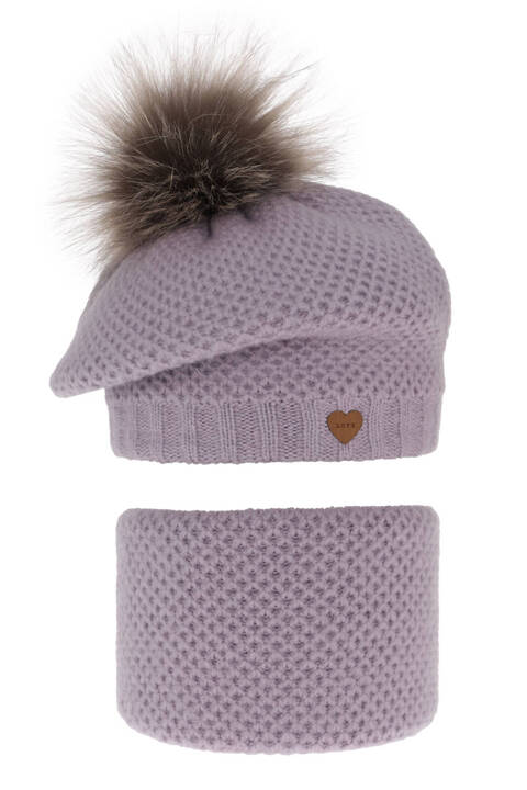 Girl's winter set: hat and tube scarf violet with pompom Francesca