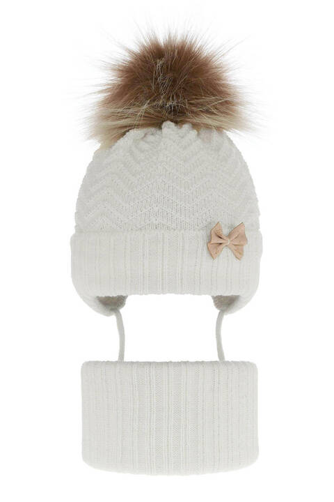 Girl's winter set: hat and tube scarf white Chloe with pompom