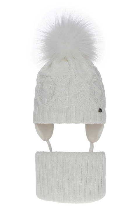 Girl's winter set: hat and tube scarf white Elena with pompom