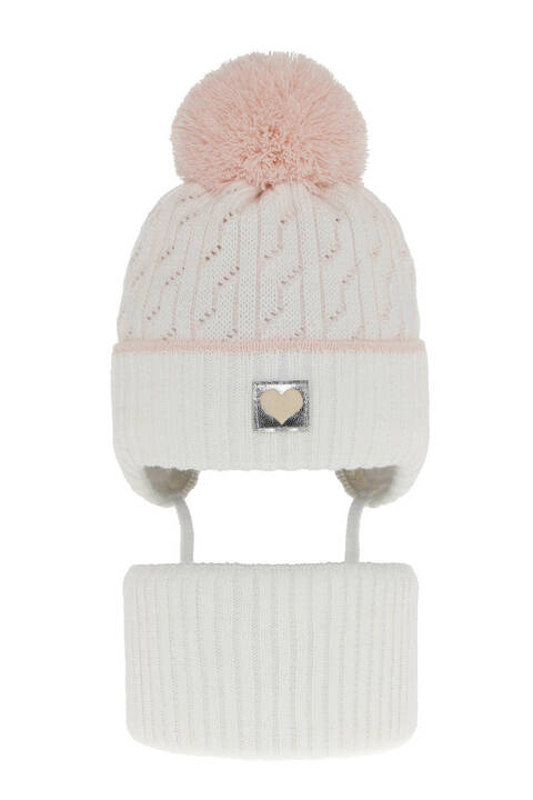 Girl's winter set: hat and tube scarf white Natka with pompom