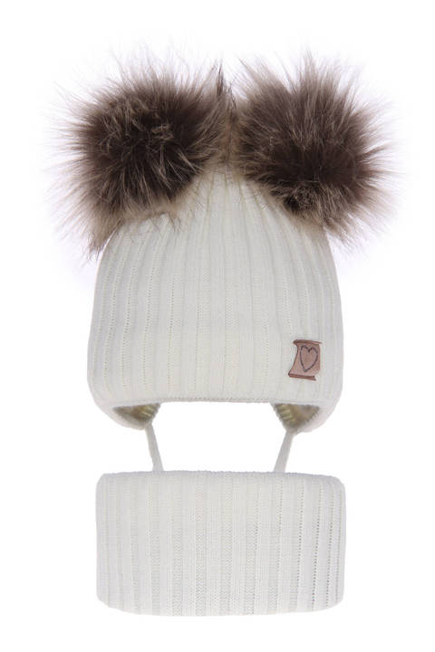 Girl's winter set: hat and tube scarf white Telisa with two pompom