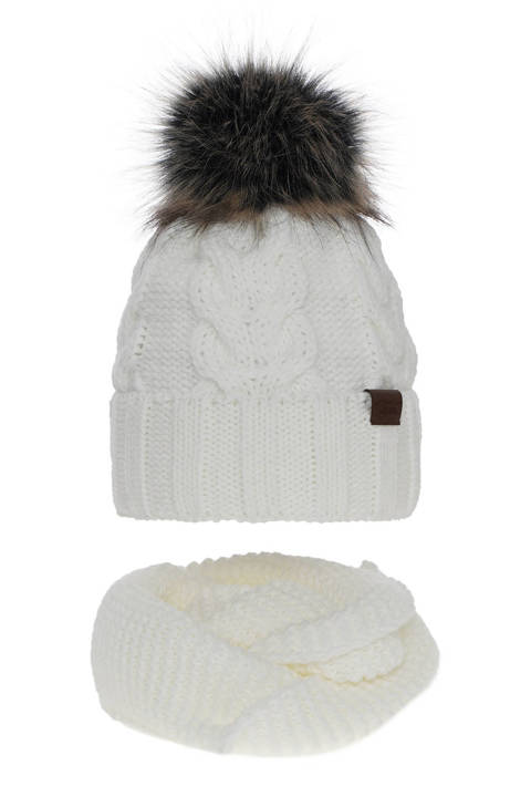 Girl's winter set: hat and tube scarf white Torina with pompom