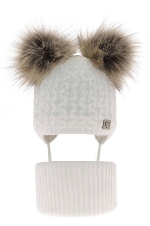 Girl's winter set: hat and tube scarf white with two pompoms Poliana