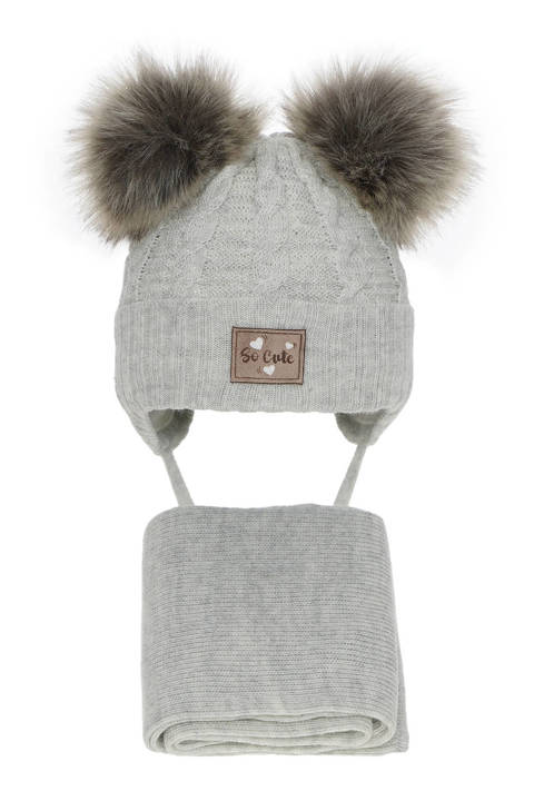 Girl's winter set: hat with shiny thread (lurex) and scarf grey Klarita with two pompom