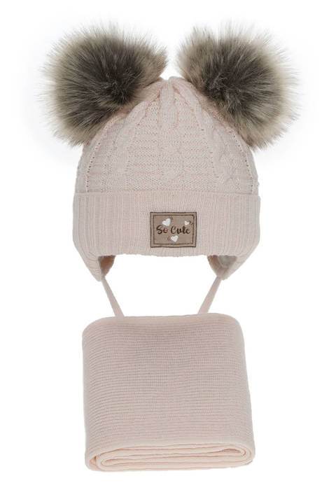 Girl's winter set: hat with shiny thread (lurex) and scarf pink Klarita with two pompom