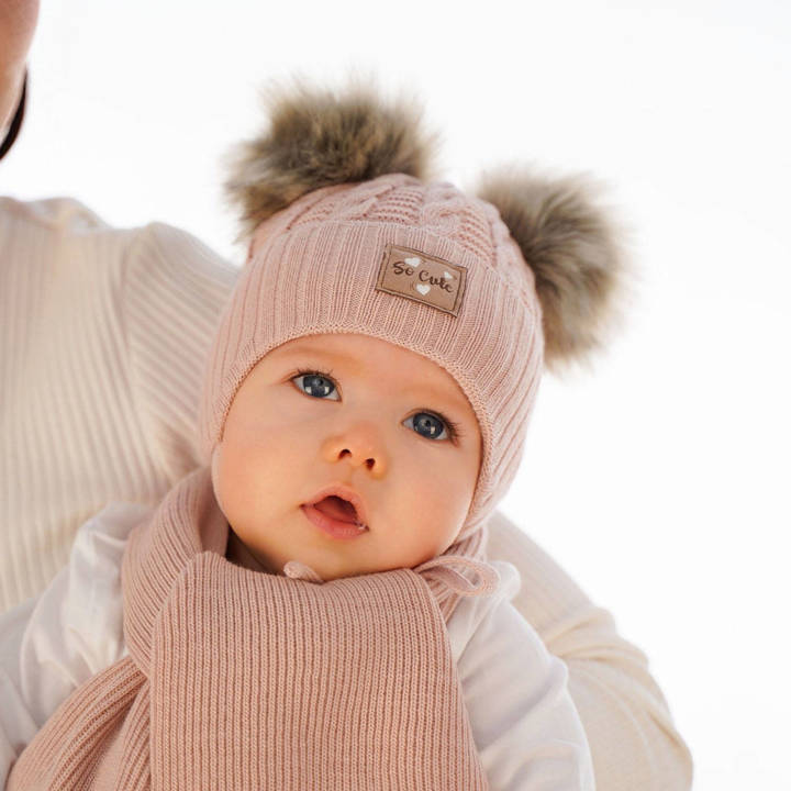 Girl's winter set: hat with shiny thread (lurex) and scarf pink Klarita with two pompom