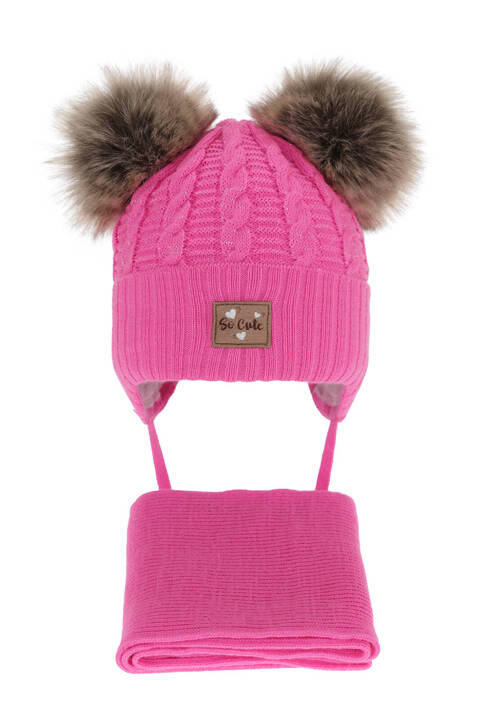 Girl's winter set: hat with shiny thread (lurex) and scarf pink Klarita with two pompom