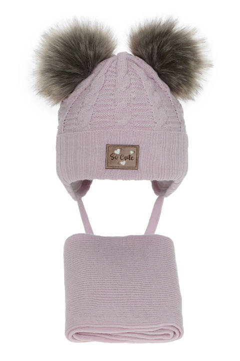 Girl's winter set: hat with shiny thread (lurex) and scarf violet Klarita with two pompom