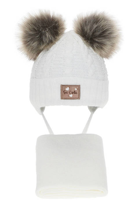 Girl's winter set: hat with shiny thread (lurex) and scarf white Klarita with two pompom