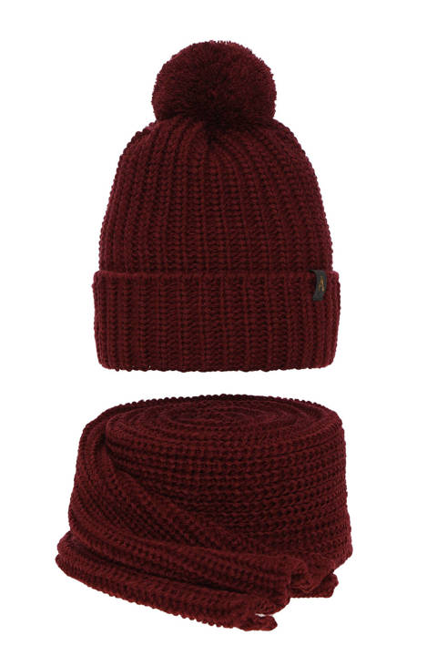 Woman's winter set: hat and scarf burgund Lupita with pompom