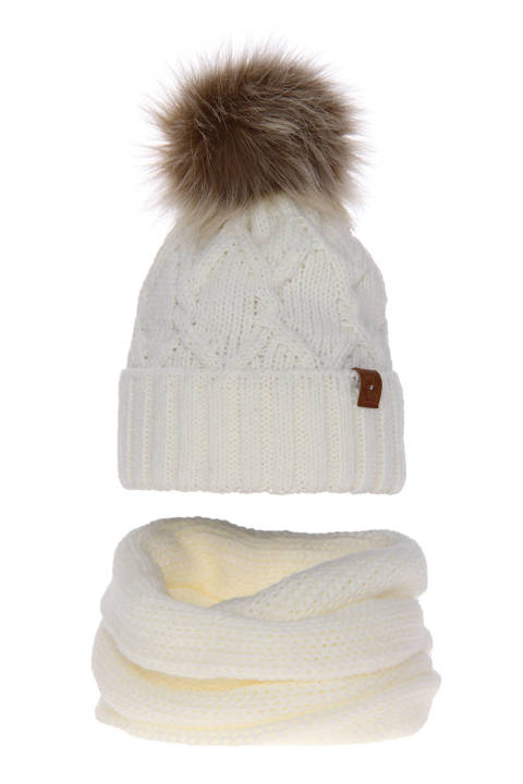 Woman's winter set: hat and tube scarf ecru Kreacja with pompom