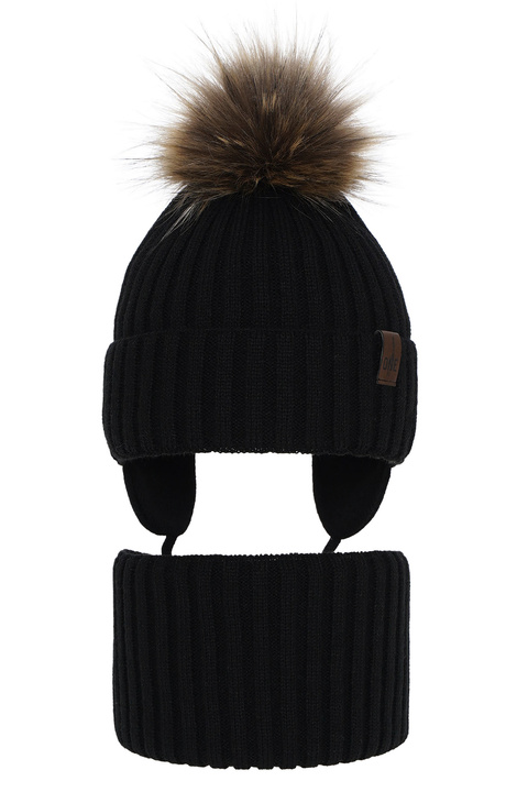 Boy's winter set: hat and tube scarf black Puzel with pompom