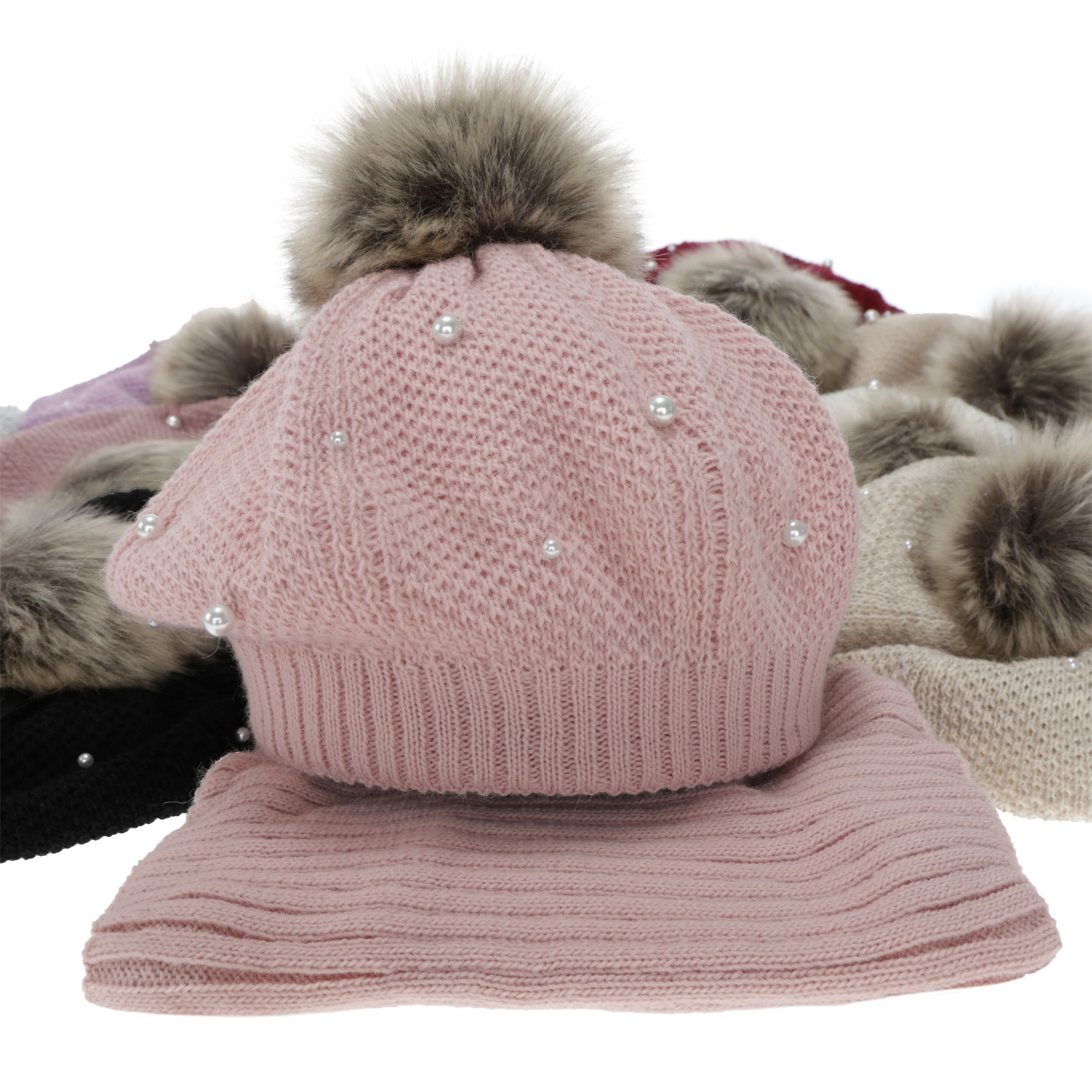 Girl's winter set: beret and tube scarf, pink, cotton lining, with pompom, Jeanette