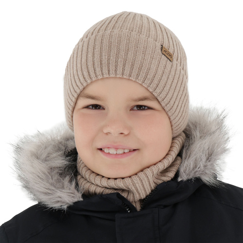 Boy's winter set: hat and tube scarf, beige, 100% merino wool, with merino wool lining, Domin