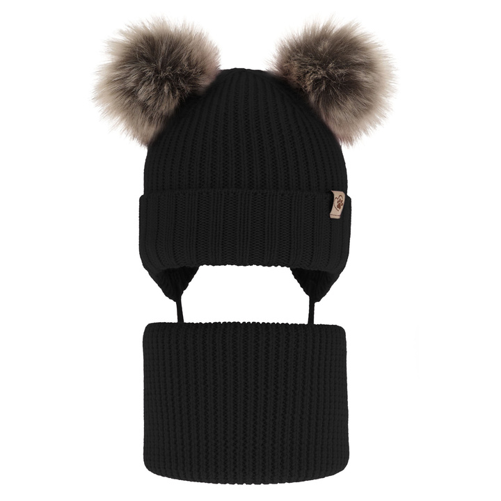 Girl's winter set: hat and tube scarf, black, with ears, 100% merino wool, with two pompom, Silvia